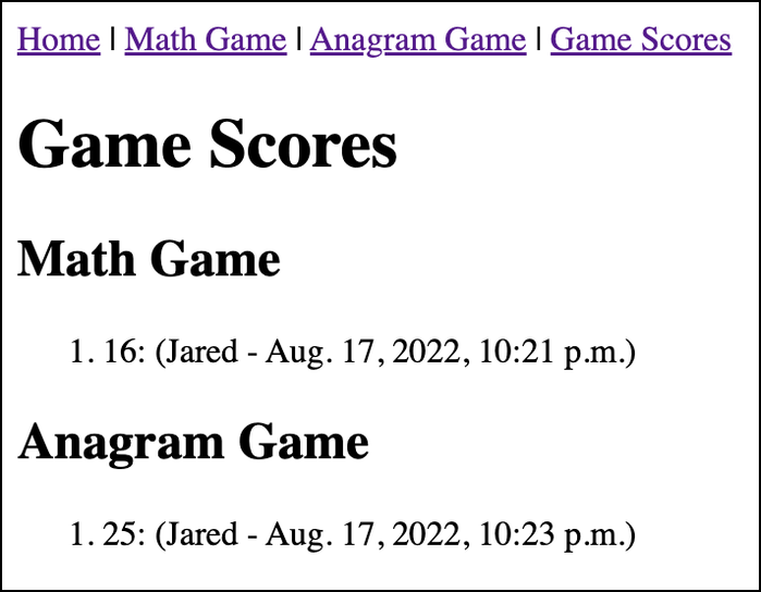 Final Game Scores Page