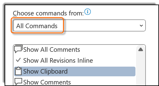 customize ribbon all commands
