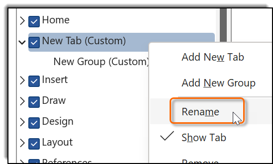 customize ribbon rename tab